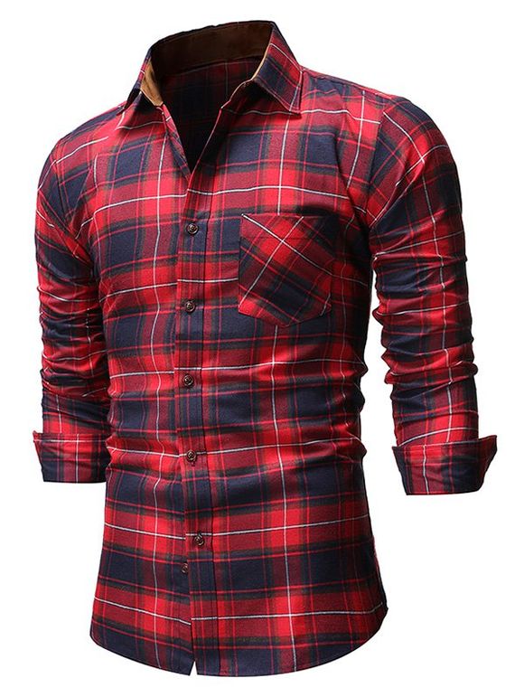 Plaid Pattern Pocket Design Button Shirt - RED WINE 2XL