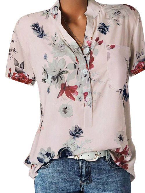 Blouse Fleurie Imprimée à Demi-Bouton de Grande Taille - Rose 4X