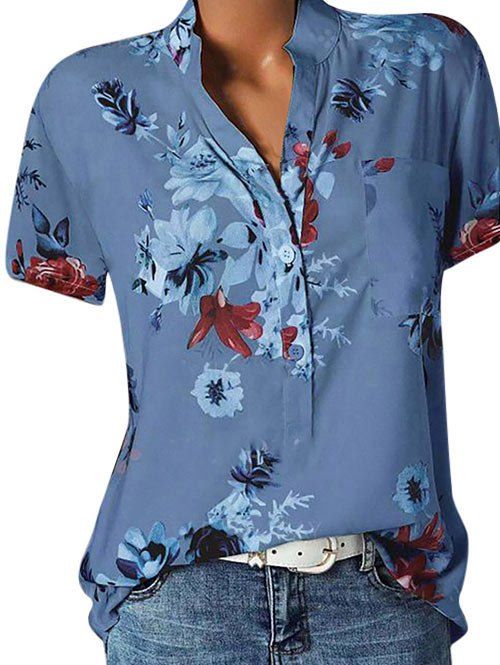 Blouse Fleurie Imprimée à Demi-Bouton de Grande Taille - Bleu de Soie 5X