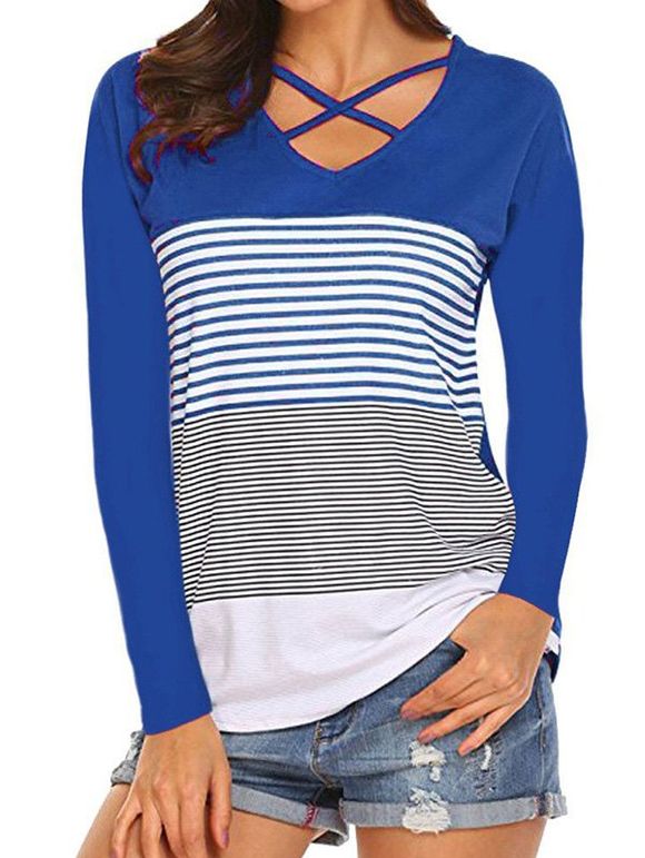 T-shirt Croisé Rayé à Col V - Bleu M