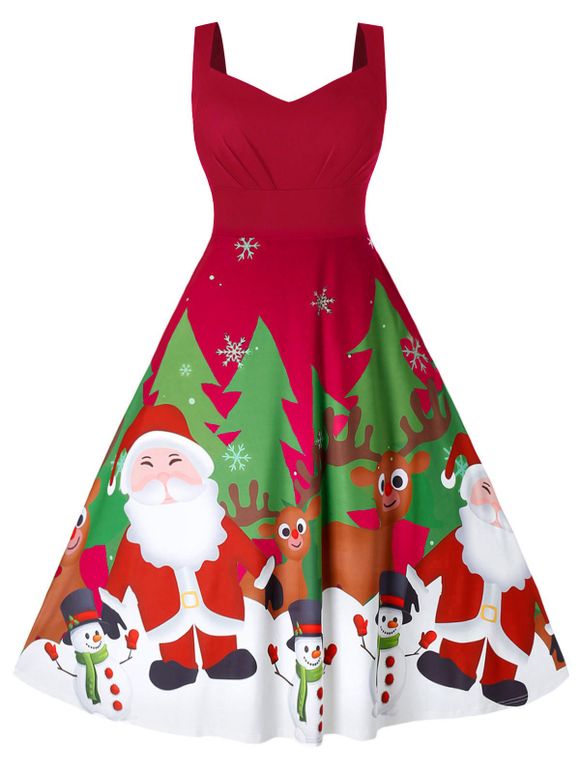 Robe de Noël Taille Haute Sans Manches de Grande Taille - Châtaigne Rouge 1X