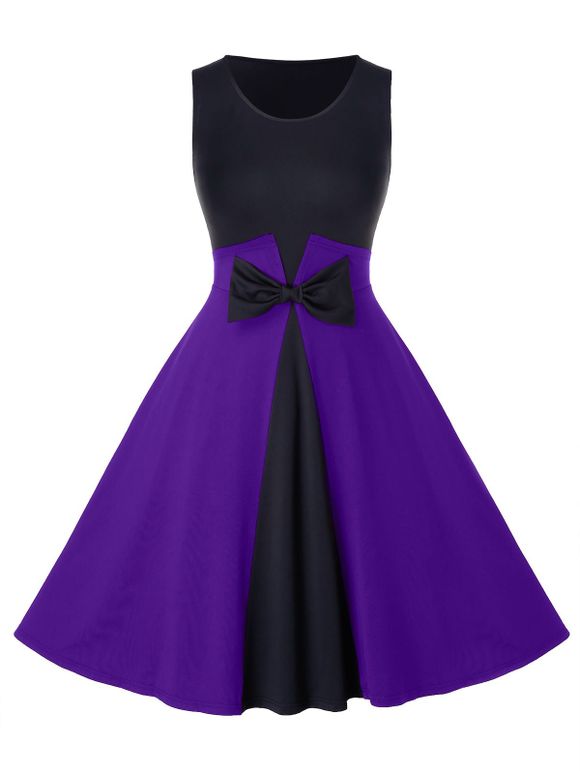 Robe Pin Up Vintage Bicolore avec Nœud Papillon de Grande Taille - Violet Améthyste L