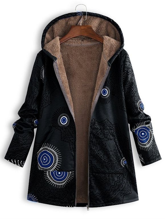 Manteau à Capuche Imprimé en Peluche - Noir 2XL