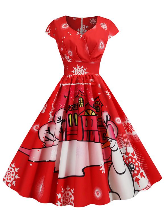 Robe Superposée à Imprimé Père Noël et Bonhomme de Neige - Rouge XL