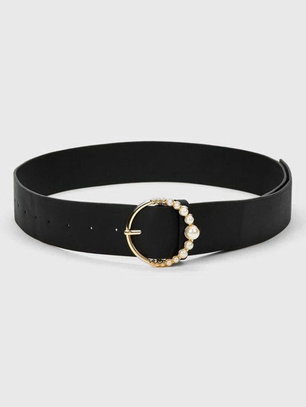

Faux Pearl Circle Buckle Belt, Black