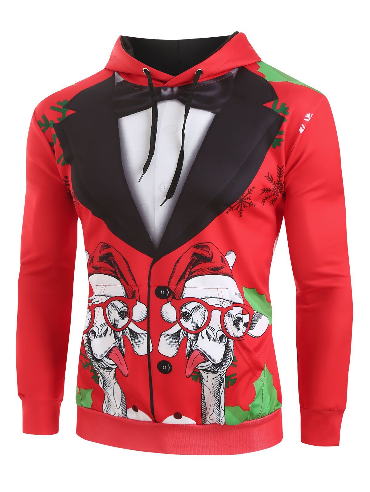 Christmas Animal Graphic Faux Tuxedo Drawstring Hoodie - RED M