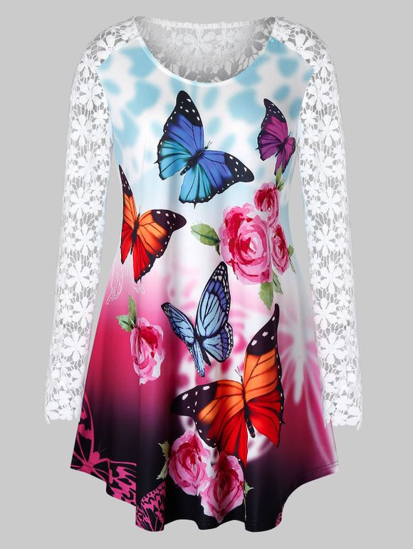 T-shirt Tunique Fleur et Papillon Imprimés à Manches au Crochet Grande Taille - multicolor 5X