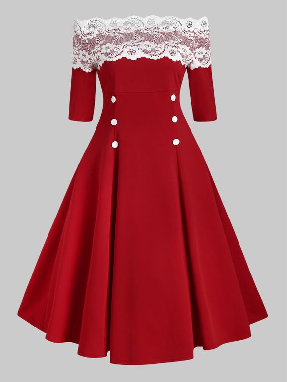 Off Shoulder Flower Lace Button Embellished Rockabilly Style Dress - RED L