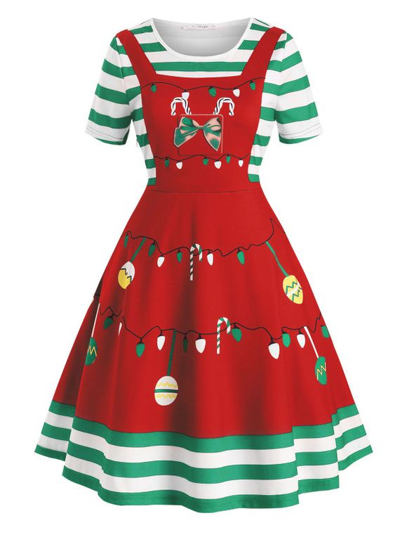 Robe de Noël Vintage Evasée Ajustée Imprimée de Grande Taille - Rouge 5X