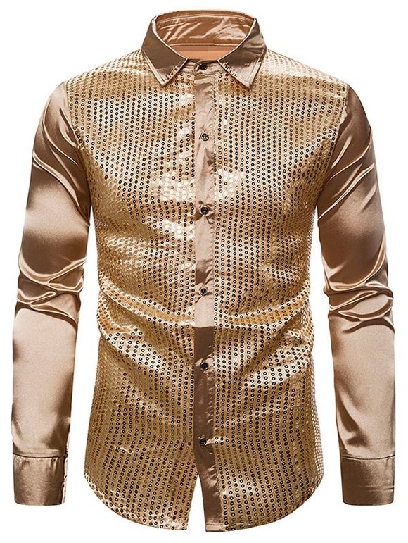 Chemise Boutonnée Panneau à Paillettes à Manches Longues - Brun Doré M