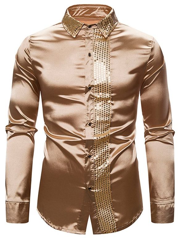 Chemise Boutonnée Brillante Panneau à Paillettes - Brun Doré 2XL