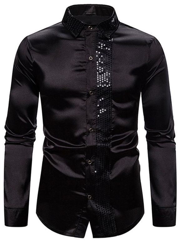 Chemise Boutonnée Brillante Panneau à Paillettes - Noir 2XL