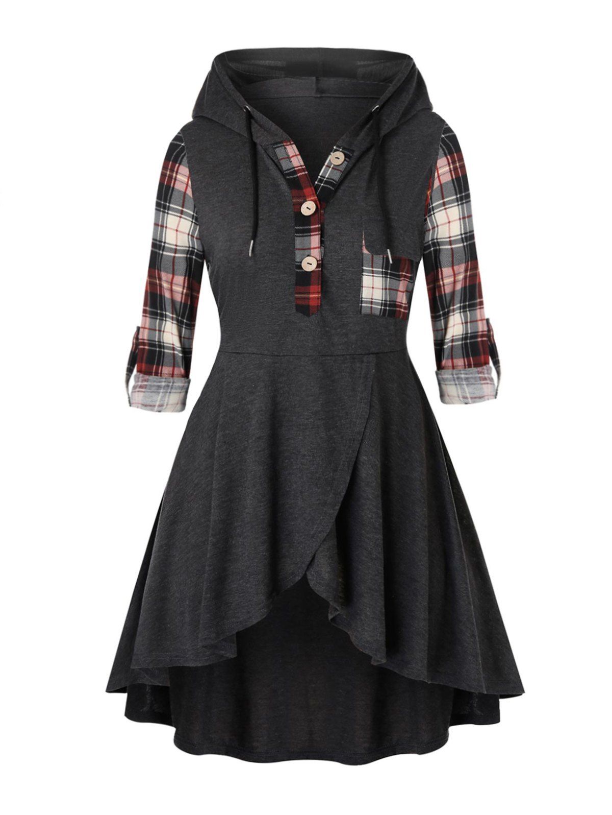 Plus Size Plaid Placket Roll Up Sleeve Tulip Hem Hoodie - multicolor 2X