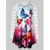 T-shirt Tunique Fleur et Papillon Imprimés à Manches au Crochet Grande Taille - multicolor L