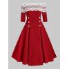Off Shoulder Flower Lace Button Embellished Rockabilly Style Dress - RED M