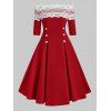 Robe Fleur en Dentelle Embelli de Bouton à Epaule Dénudée - Rouge 3XL