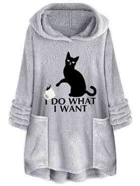 Plush Cat Letter Embroidered Tunic Hoodie