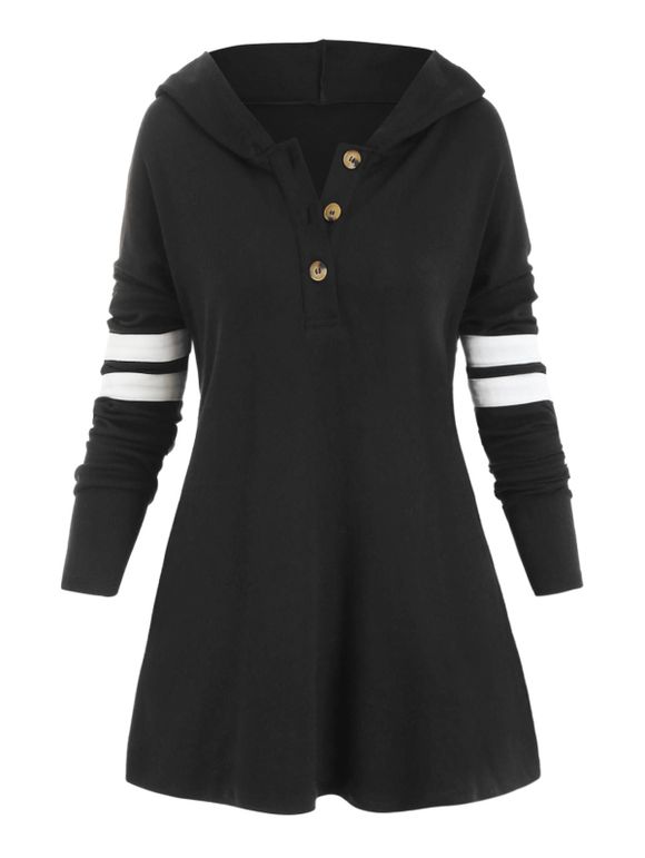 Taille Plus rayé Garniture moitié Bouton capuche T-shirt - Noir 1X
