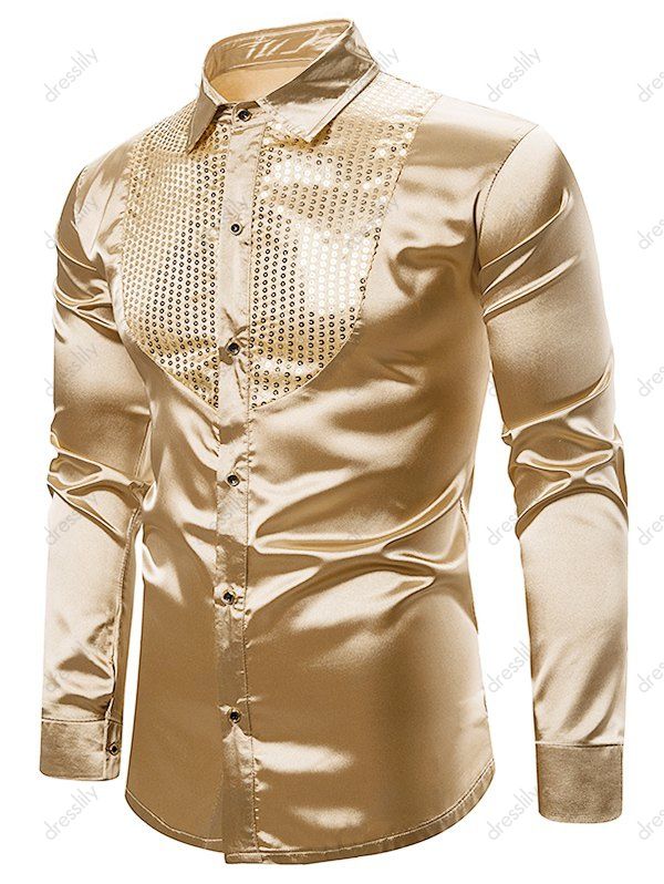 [37% OFF] 2021 Glitter Sequins Insert Button Up Shirt In GOLDEN BROWN ...