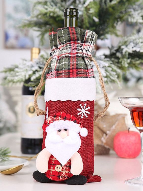 Couverture de Bouteille de Vin à Carreaux Bonhomme de Neige Élan et Père Noël Imprimés - multicolor A 