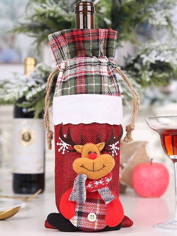 Couverture de Bouteille de Vin à Carreaux Bonhomme de Neige Élan et Père Noël Imprimés - multicolor B 