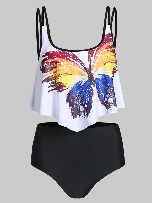 Maillot de Bain Tankini Graphique Papillon à Taille Haute - multicolor A 3XL