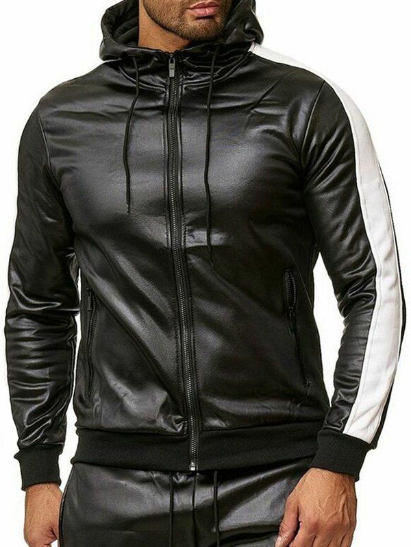 

Color Spliced Faux Leather Zipper Jacket, White