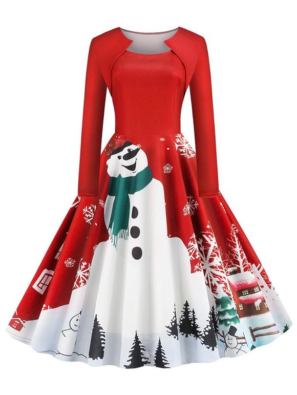 Bonhomme de neige flocon de neige de Noël Imprimer Robe évasée - Rouge XL