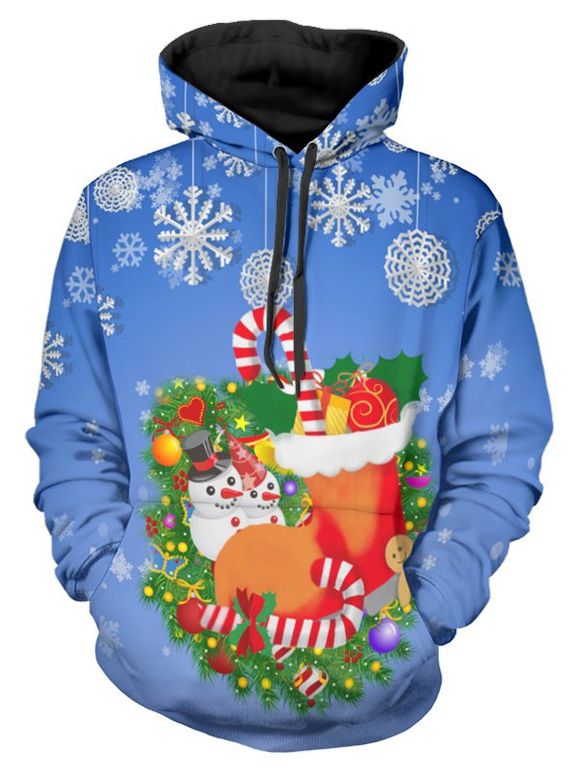 Sweat à Capuche Chaussete de Noël et Bonhomme de Neige Imprimés avec Poche Kangourou - multicolor 2XL