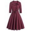 Robe Evasée Ceinturée à Carreaux à Demi-Bouton - Rouge Vineux M