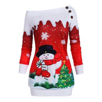 

Christmas Tree Snowman Snowflake One Shoulder Plus Size Sweatshirt, Red