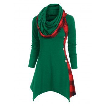 

Plaid Convertible Neck Mock Button Handkerchief T-shirt, Green