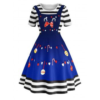 

Plus Size Vintage Christmas Print Fit and Flare Dress, Blue