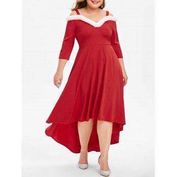 

Christmas Faux Fur Panel Open Shoulder High Low Plus Size Dress, Red
