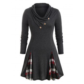 

Plus Size Cowl Neck Plaid T Shirt, Gray