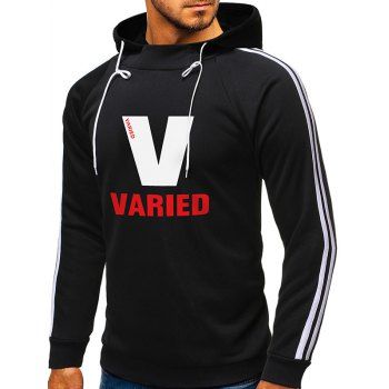 

Varied Graphic Striped Drawstring Fleece Hoodie, Black