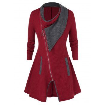 

Plus Size Contrast Color Full Zip Cardigan, Red wine