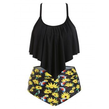 

Plus Size Overlay Floral Print Tankini Swimsuit, Black