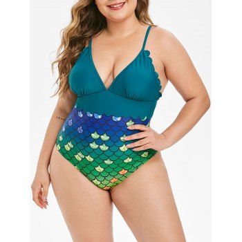 

Scalloped Scale Print Plus Size Mermaid One-piece Swimsuit, Navy blue
