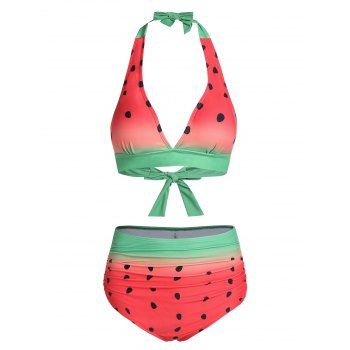 Watermelon Print Halter Padded Bikini Swimwear, Multicolor a