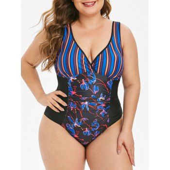 

Contrast Stripes Floral Ruched Plus Size One-piece Swimsuit, Black