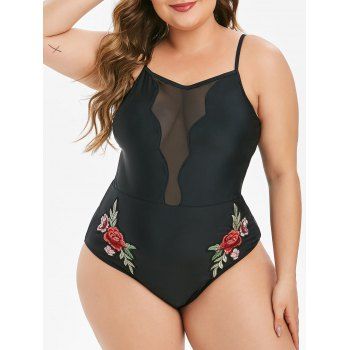 

Floral Embroidered Mesh Panel Plus Size One-piece Swimsuit, Black