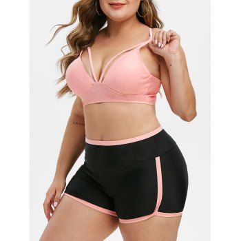 

Harness Strappy Contrast Binding Plus Size Bikini Swimsuit, Pink