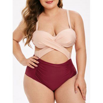 

Twist Push Up Two Tone Plus Size Ruched One-piece Swimsuit, Red wine