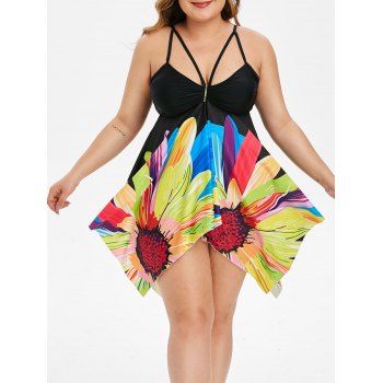

Floral Strappy Ruched Handkerchief Plus Size Tankini Swimsuit, Black