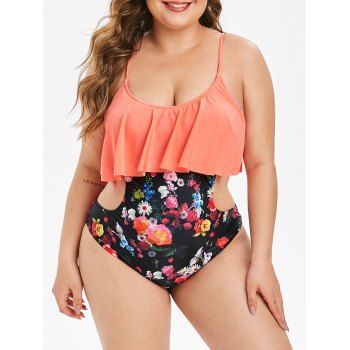 

Floral Cutout Flounce Plus Size One-piece Swimsuit, Watermelon pink