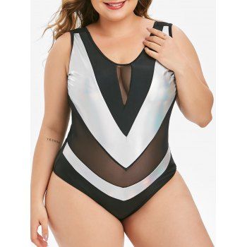 

Plus Size Two Tone Metallic Mesh Panel One-piece Swimsuit, Black