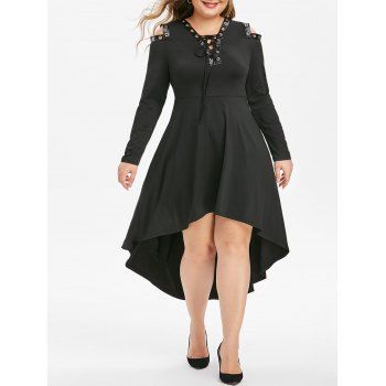 

Plus Size Grommet Lace Up Dip Hem Open Shoulder Dress, Black