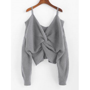 

Twisted Open Shoulder Pullover Sweater, Gray goose