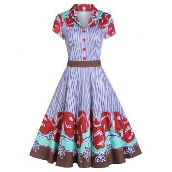 

Fit And Flare Shawl Collar Retro Dress, Multicolor a